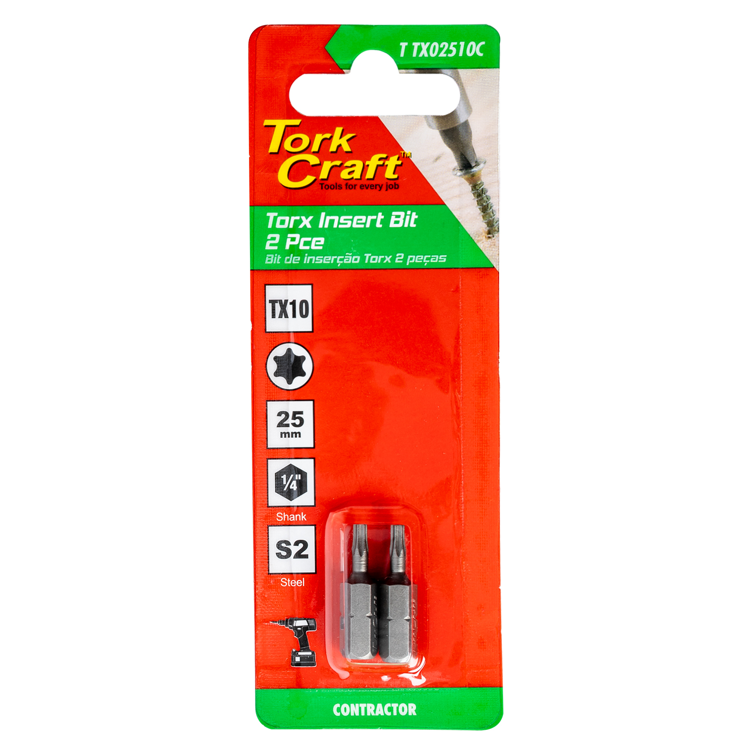 TORX TX 10 CLASSIC INSERT BIT 25MM 2PC CARDED